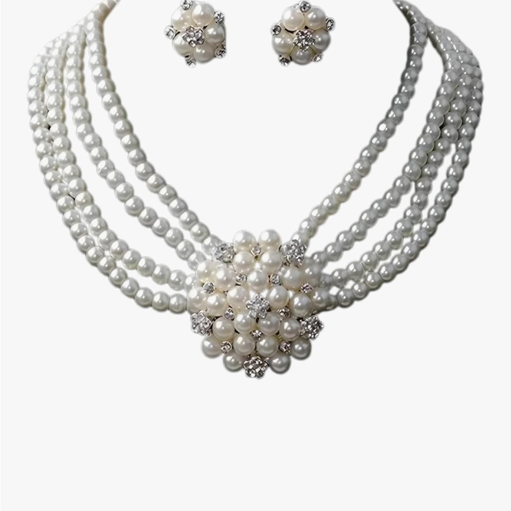 White Faux Pearls Necklace and earrings Set